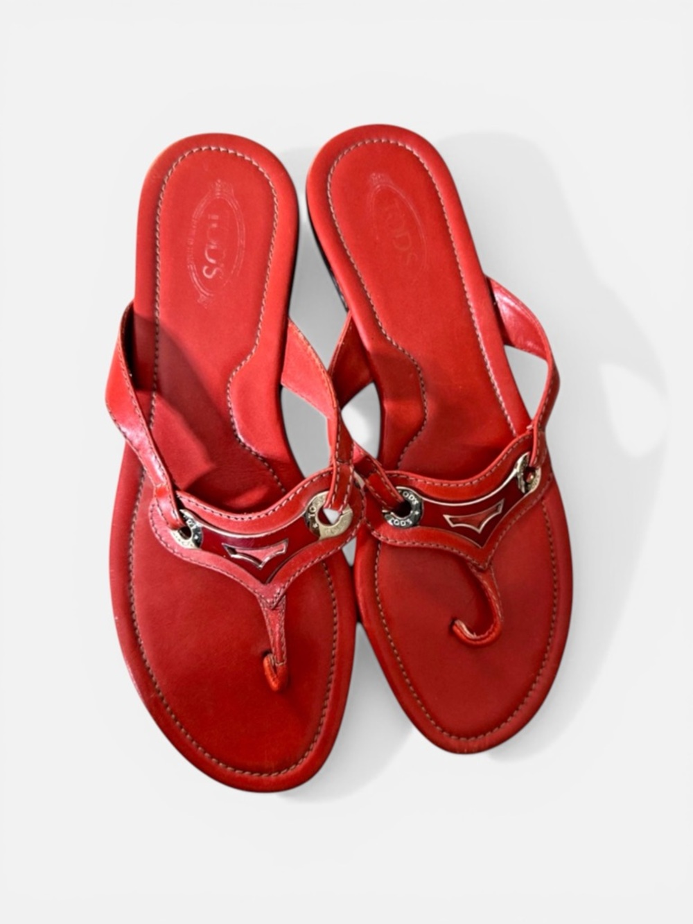 TODS Red Leather Thong Slides Sandal Shoes Women's Size 8